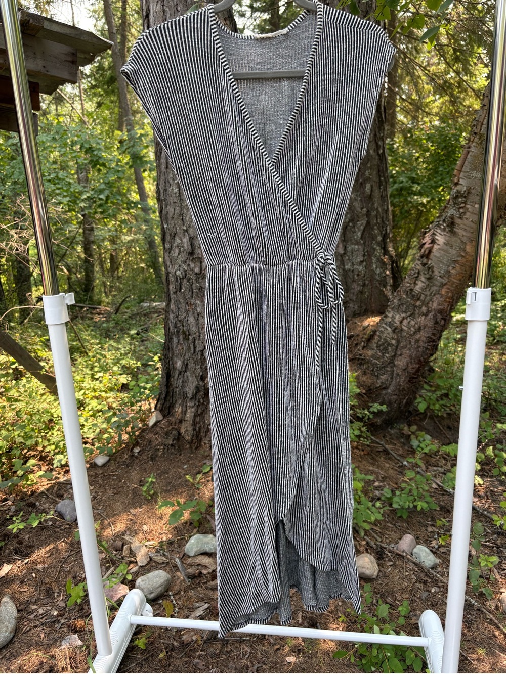 Caution To The Wind Black and White Striped Wrap Midi Dress